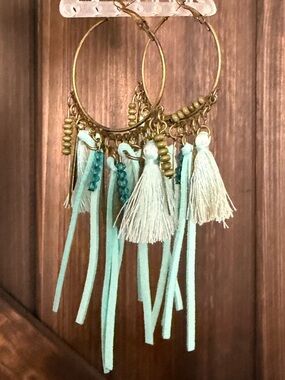 🤎 BRONZE HOOP NEW LEATHER TASSEL EARRINGS CRYSTAL FRINGE BOHO FESTIVAL JEWELRY